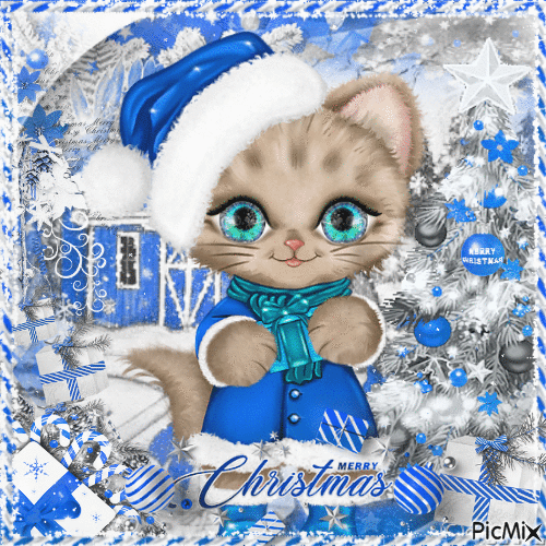 Christmas cat - Blue tones and glitter - Free animated GIF