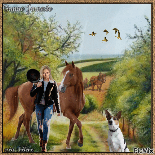 Femme avec un cheval à la campagne - Бесплатный анимированный гифка
