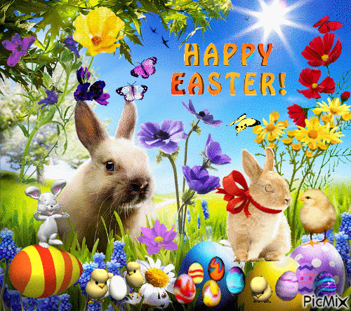 Happy Easter! 🐰🐇🐔🐓🐣🐤🐥🌺🌼🥚 - Безплатен анимиран GIF