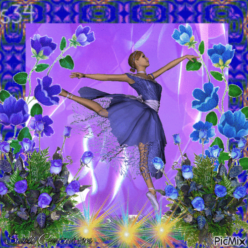 Bailarina com flores lilás e azuis - GIF เคลื่อนไหวฟรี