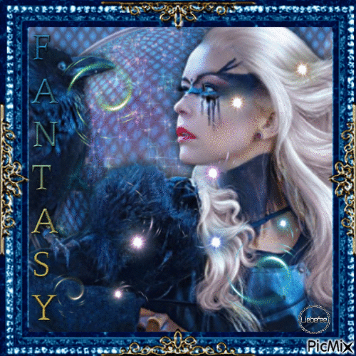 Fantasy Frau mit einem Tier in Blau - Gratis geanimeerde GIF
