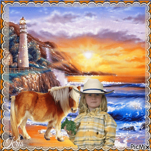Petite fille et son poney près d'un phare - GIF animé gratuit