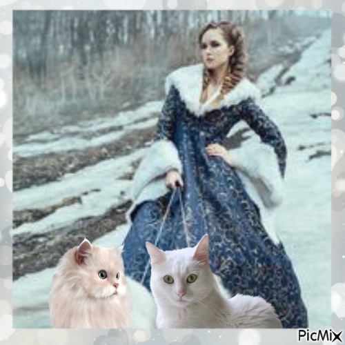 Jeune femme en hiver avec des chats - png gratis