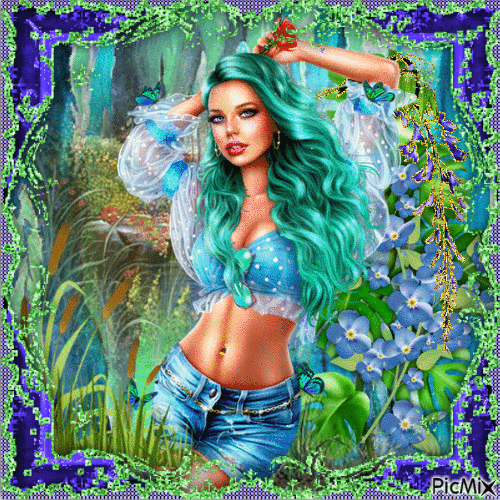 spring woman - green and blue - Free animated GIF