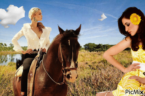 Vrouw en een paard en een andere vrouw - Gratis animeret GIF