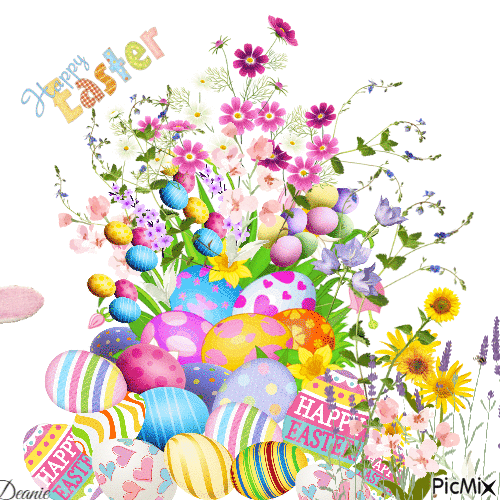 Happy Easter with Spring Time Flowers & Deocrated Eggs - GIF animé gratuit