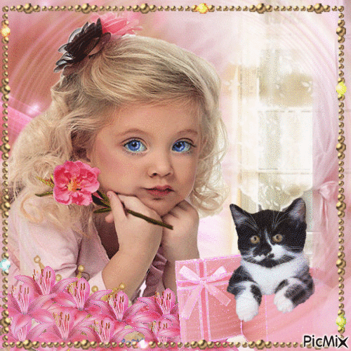La niña y el gatito - GIF animado gratis