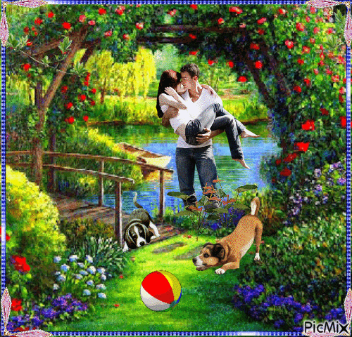 Couple and dogs - Free animated GIF