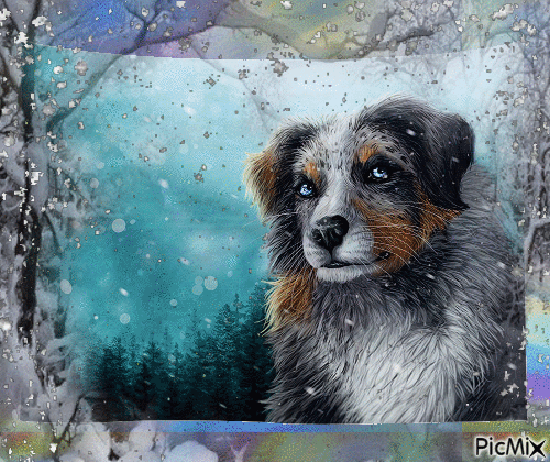 Собака в лесу зимой - Безплатен анимиран GIF