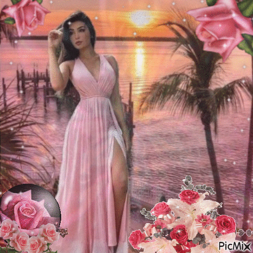 mujer con rosas rosadas - GIF animado grátis