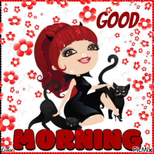 Good Morning. 2 cats and a girl - Ingyenes animált GIF