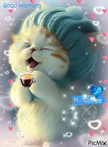 bonjour chat rieur et tasse de café - GIF animate gratis