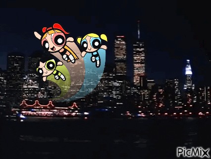 Powerpuff Girls fly by the twin towers - png gratuito