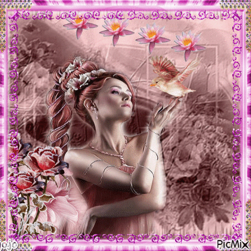 beauté rousse sur fond rose - Безплатен анимиран GIF