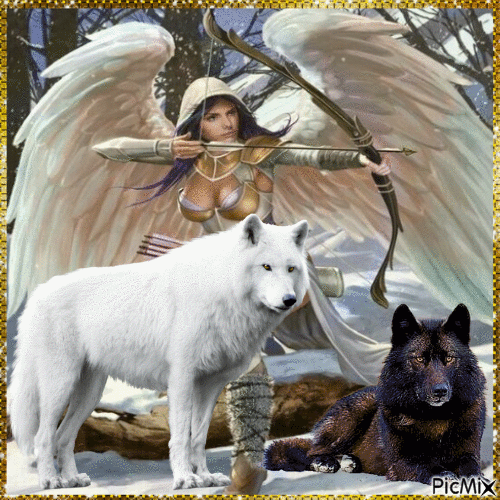 Warrior Angel and Wolves - Free animated GIF
