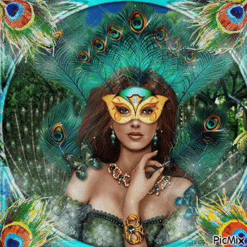 Retrato de mujer con plumas de pavo real - Gratis animerad GIF