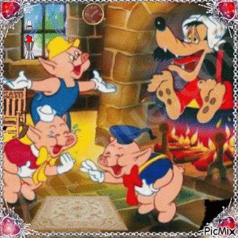 Les 3 petits cochons s'amusent avec la surprise réservée au grand Méchant Loup - Free animated GIF