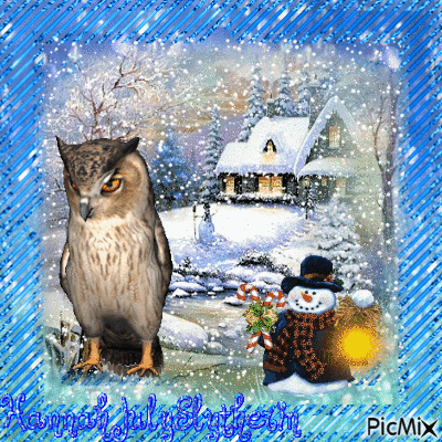 Winter Owl and Cute Snowman - GIF animé gratuit