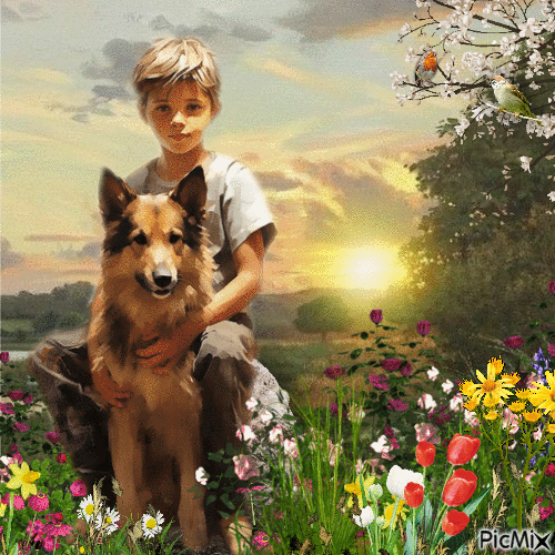 Kind im Frühling mit Hund - GIF animado gratis