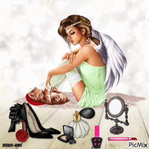 Woman-angels-make up-cats - Free animated GIF