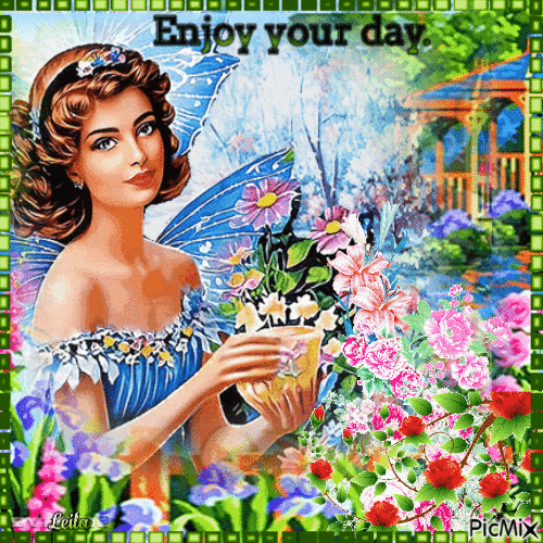 Enjoy your day. Woman, garden - Δωρεάν κινούμενο GIF
