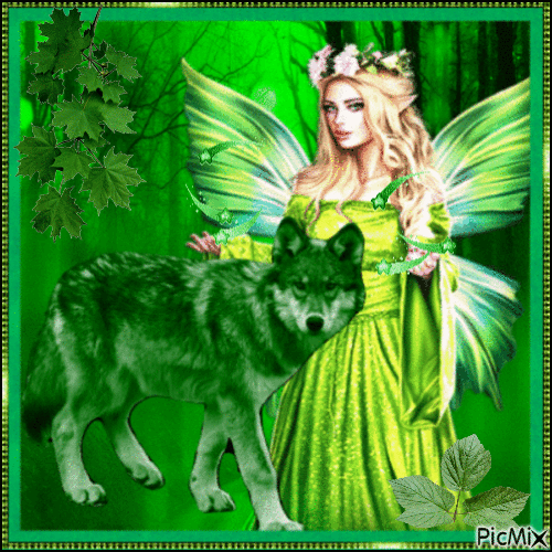 Fairy and wolf in green - GIF animé gratuit