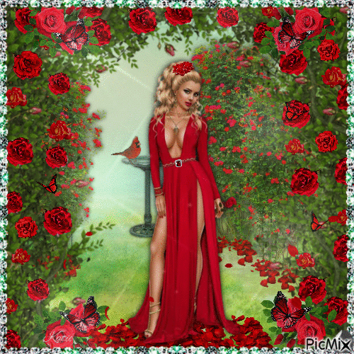 Woman with a rose - Red and green tones - Zdarma animovaný GIF