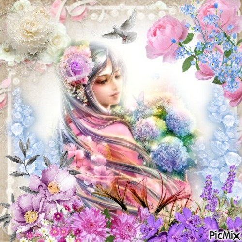 Girl with flowers - PNG gratuit