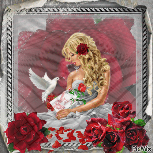 femme aux roses rouges - GIF animé gratuit
