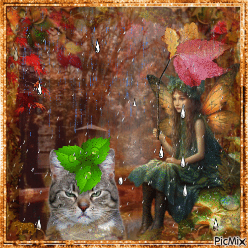 Fairy and cat in the autumn rain - Free animated GIF