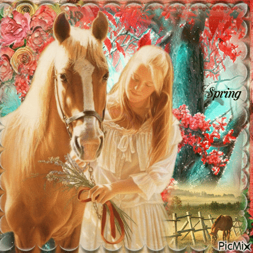 Femme et son cheval au printemps - GIF animado gratis