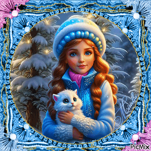 Enfant en hiver avec un chat - Zdarma animovaný GIF