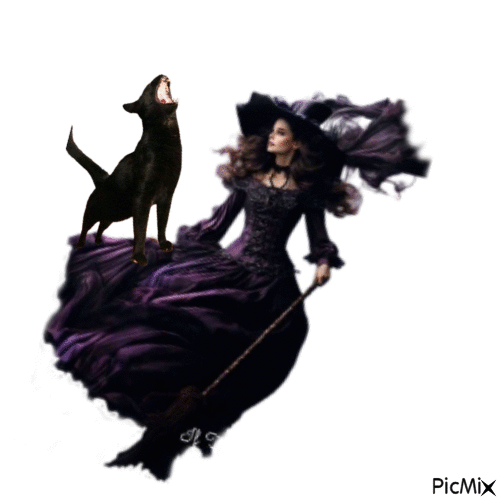 Hexe mit schwarzer Katze - GIF animé gratuit
