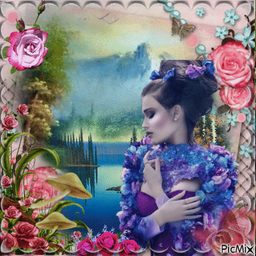 Femme Pensive avec des roses - Gratis animerad GIF