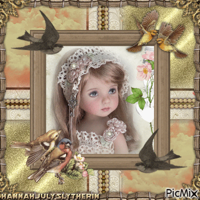 {♠}Vintage Girl with lots of Birds{♠} - Free animated GIF