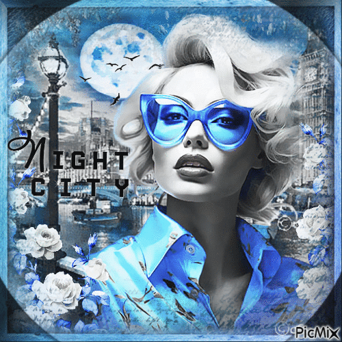 Woman night city black white blue - Бесплатни анимирани ГИФ
