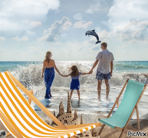 En la playa en familia - Бесплатный анимированный гифка