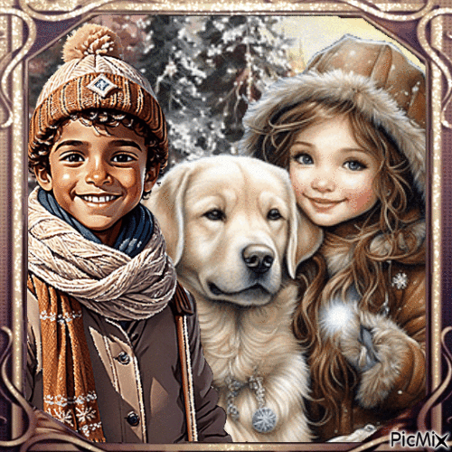 Frére et soeur avec leur chien - Ingyenes animált GIF