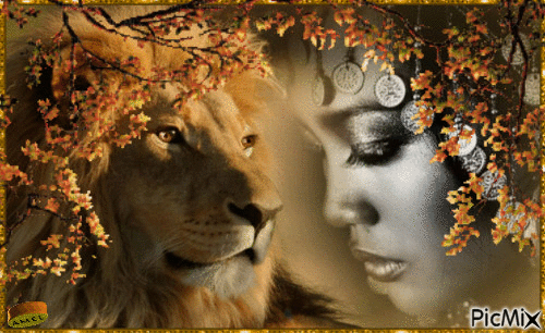 femme et lion - Δωρεάν κινούμενο GIF