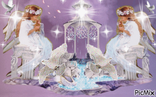 TWO CUTE LITTLE ANGELS AT THE WATER FOUNTAIN, EITH DOVES FLYING AROUND THEM, TWO BIG SPARKLING LIGHTS SHINING OF THEIR WINGS. - Бесплатный анимированный гифка