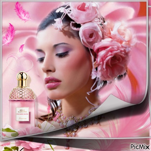 Frau in rosa mit ihrem Parfüm - PNG gratuit