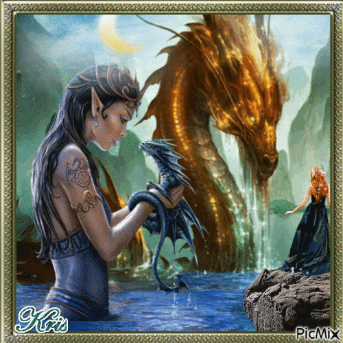 La femme et dragon - GIF animado gratis