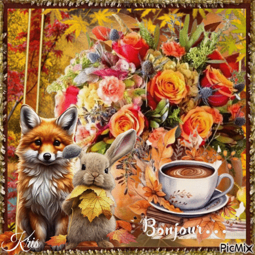 Bouquet d'automne, un café et deux animaux - Zdarma animovaný GIF