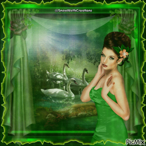 Lady And Swans Scene In Green - Free animated GIF