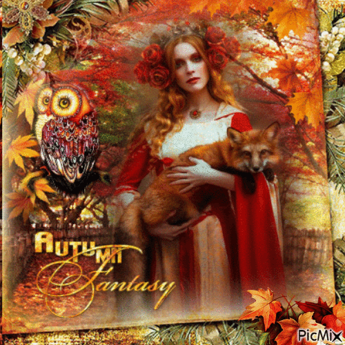 Autumn girl with fox - Бесплатный анимированный гифка