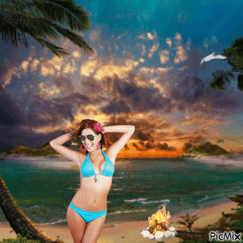 Blue bikini clad redhead in sunset - Bezmaksas animēts GIF