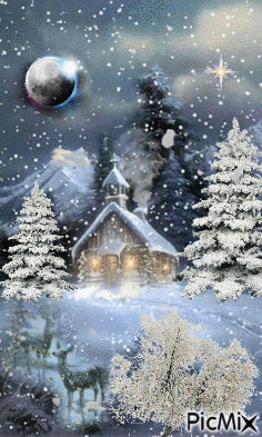 A WINTER SCENE OF A LITTLE CHURCH,ALAROUND IT IS SNOW AND IT IS STILL COMING. SOME DEER HAVE COME IN THE PICTURE. - Free animated GIF
