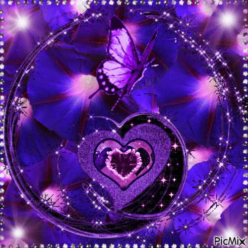 PURPLE AND PINK MORNING GLORIESPURPLE RINGS WITH SPARKLES, A PURPLE BUTTERFLY.HEARTS, A PINK ONE EXPLODINGS, PINK SPARKLES AND A SPARKLE FRAME. - Besplatni animirani GIF