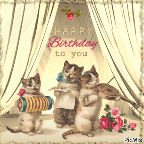 Happy birthday, cats, vintage - Nemokamas animacinis gif
