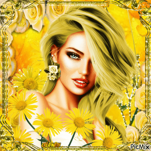 Femme et fleurs en jaune - Free animated GIF